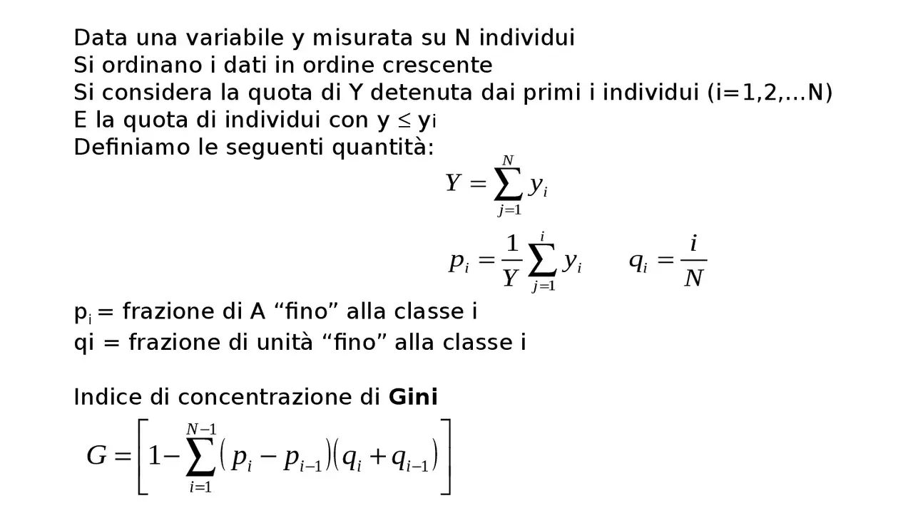 La formula dell'indice di Gini, che misura la disuguaglianza, è presentata con le sue definizioni e variabili.