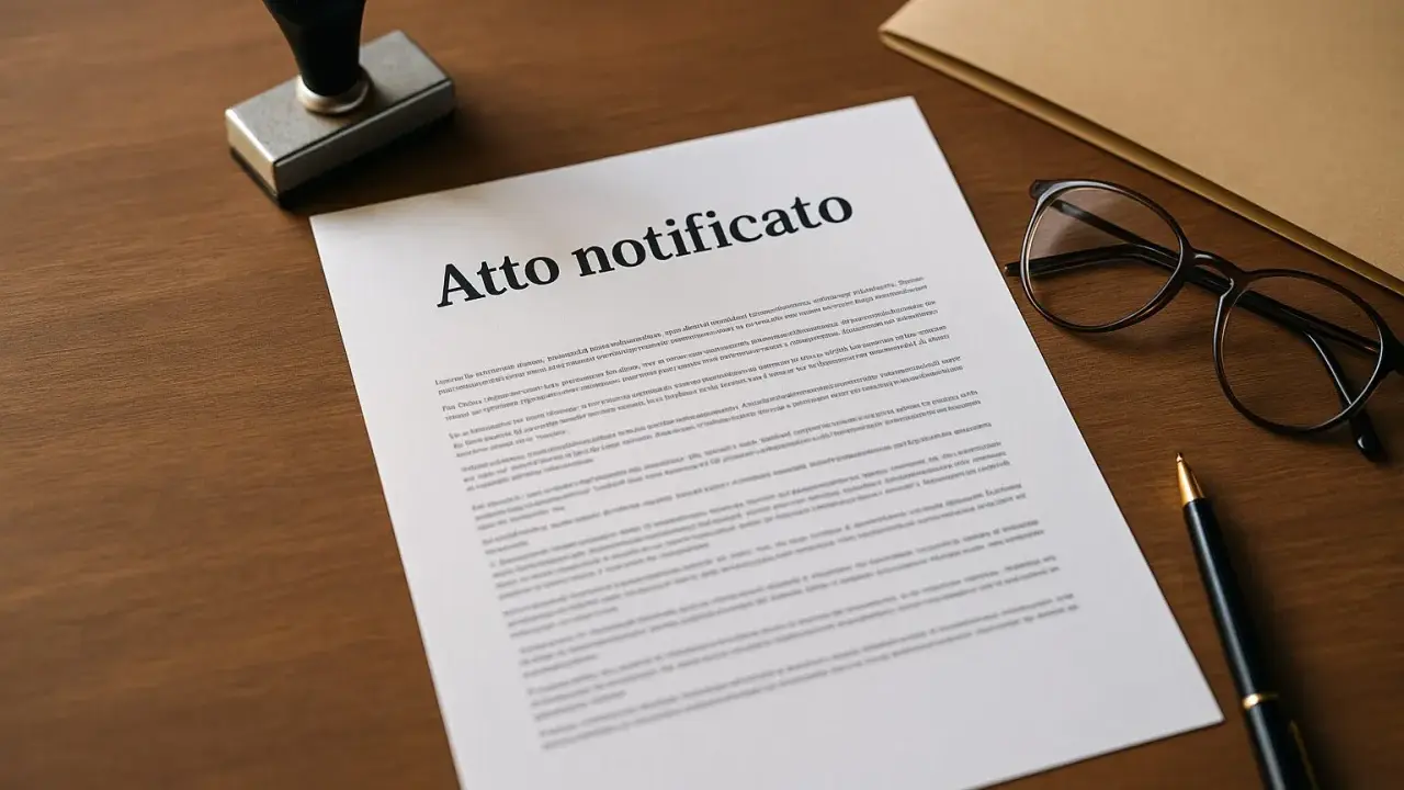 Un timbro, occhiali e una penna giacciono accanto a un documento intitolato "Atto notificato", pronto per essere firmato.