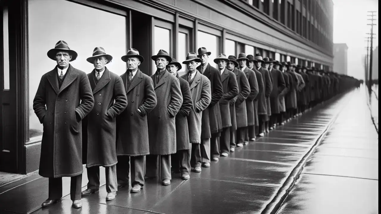 Uomini in fila, con cappelli e cappotti, in attesa di un nuovo accordo. Il loro sguardo è serio, riflette la speranza di un futuro migliore.