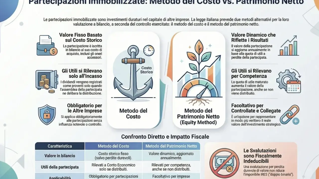 Confronto tra Metodo del Costo e Patrimonio Netto per le partecipazioni immobilizzate, con focus su come le imprese pubbliche gestiscono questi investimenti.