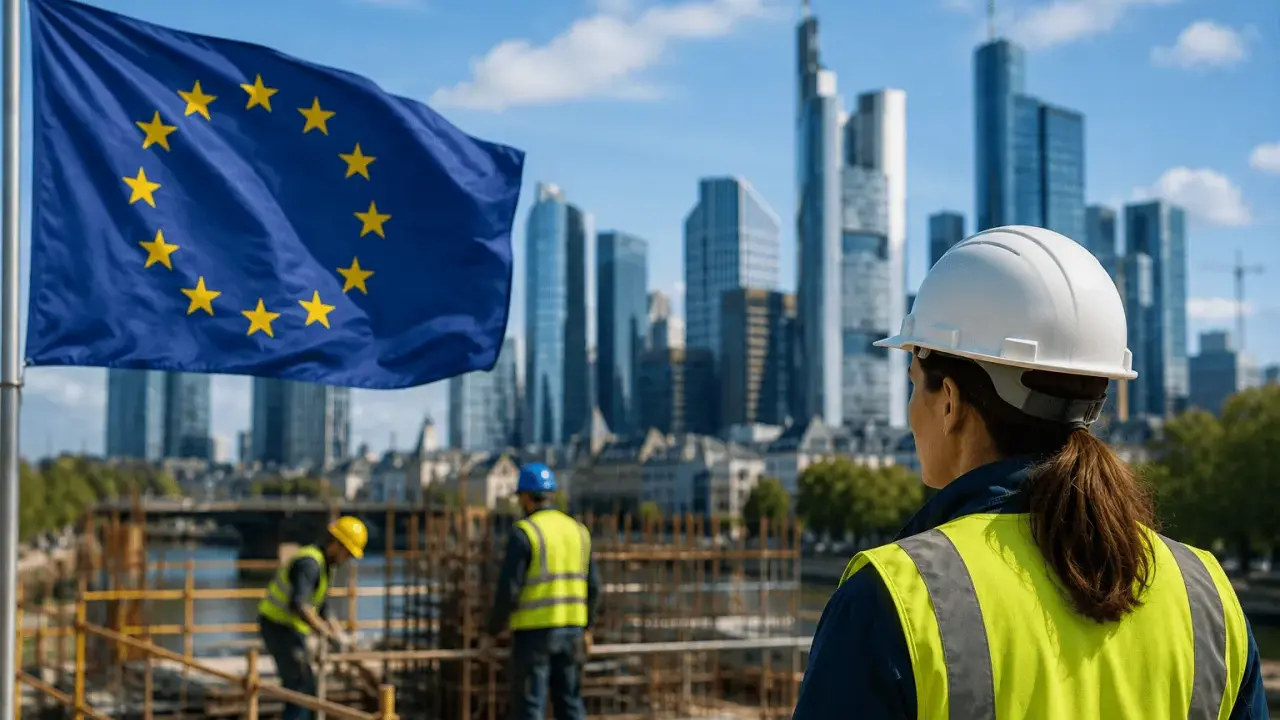 Costruzione di un futuro europeo: operai al lavoro sotto la bandiera UE, mentre la disoccupazione strutturale sfida la ripresa.