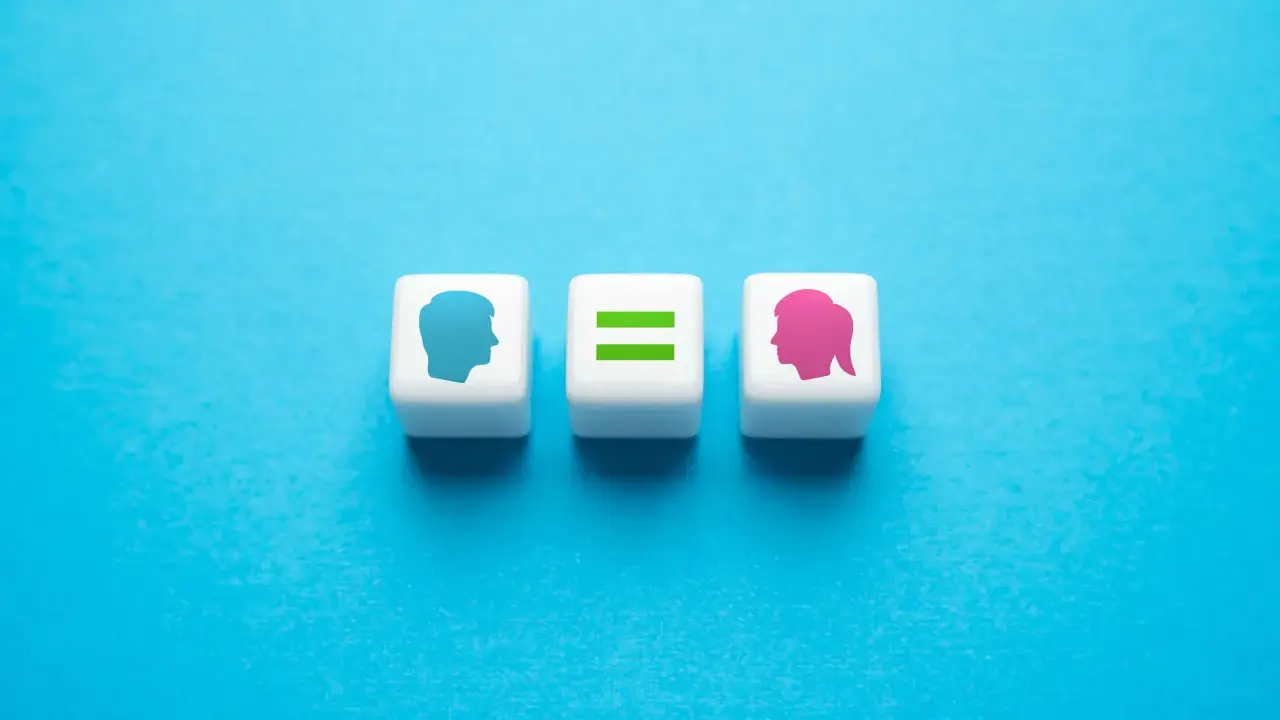 Tre cubi bianchi su sfondo blu. Uno mostra un profilo maschile blu, un altro un segno di uguale verde, e l'ultimo un profilo femminile rosa. Rappresentano l'equità significato.