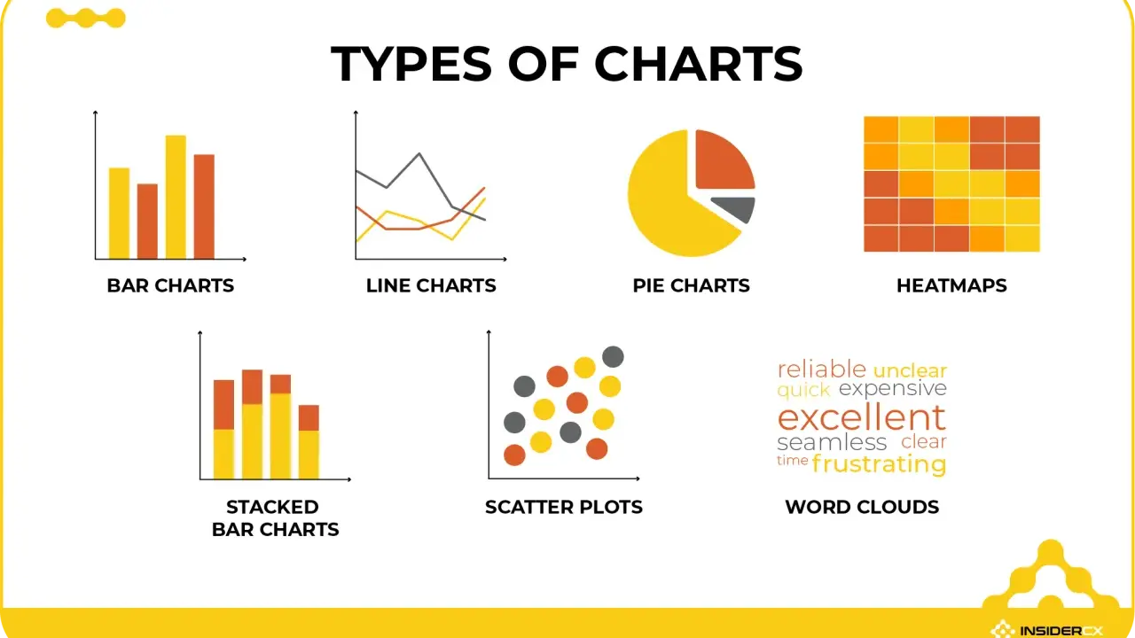 Diversi tipi di grafici: a barre, a linee, a torta, a dispersione, a blocchi e word clouds.