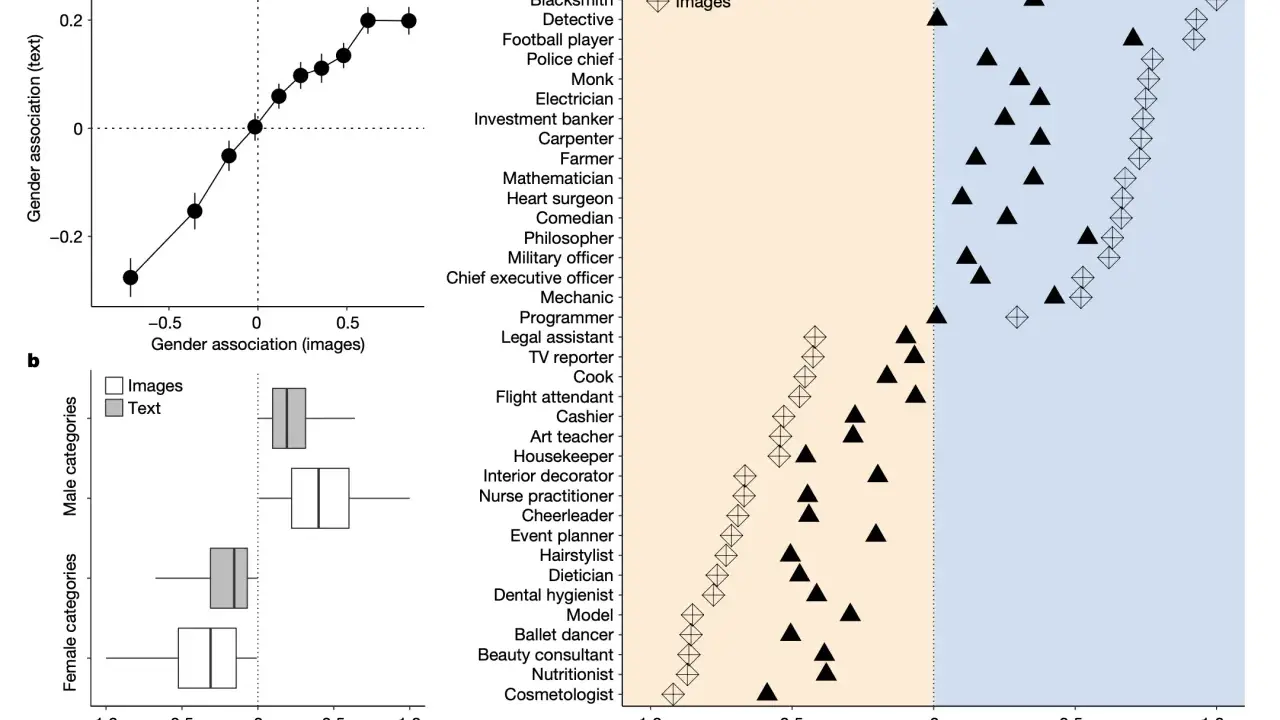 Grafico mostra correlazione di Spearman tra associazione di genere da testo e immagini. Box plot per categorie maschili e femminili.