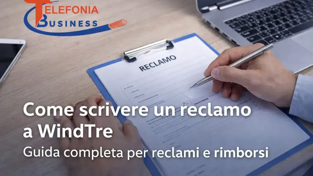 Mano che compila un modulo "RECLAMO" per WindTre. Guida completa per il significato di reclamo e rimborsi.