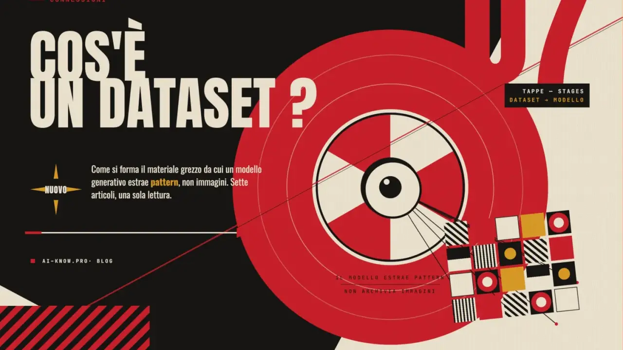 Il dataset è il materiale grezzo da cui un modello estrae pattern. Grafica stilizzata con testo "Cos'è un dataset?".