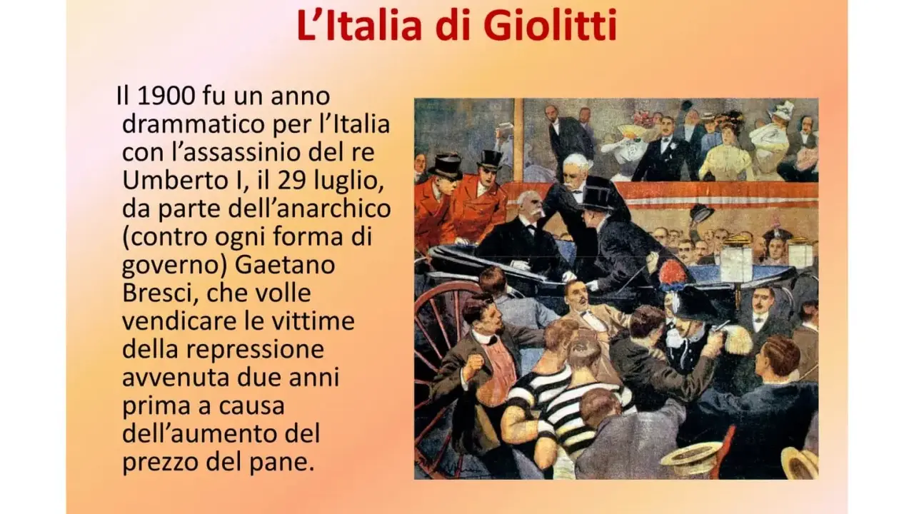 L'Italia di Giolitti: un'illustrazione storica mostra un evento drammatico del 1900, l'assassinio del re Umberto I, che segnò un periodo di tensioni sociali.