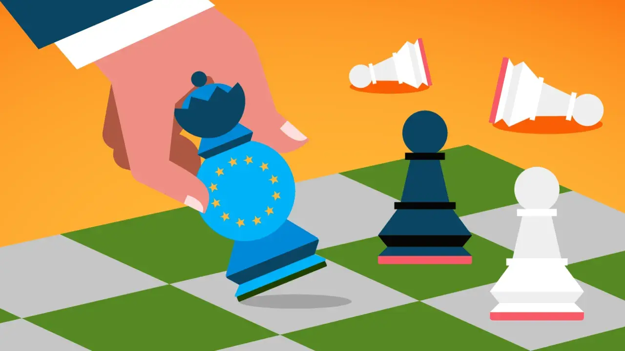 Una mano tiene un pedone degli scacchi con il simbolo dell'UE, mentre altri pedoni cadono. Rappresenta il concetto di autarchia significato.