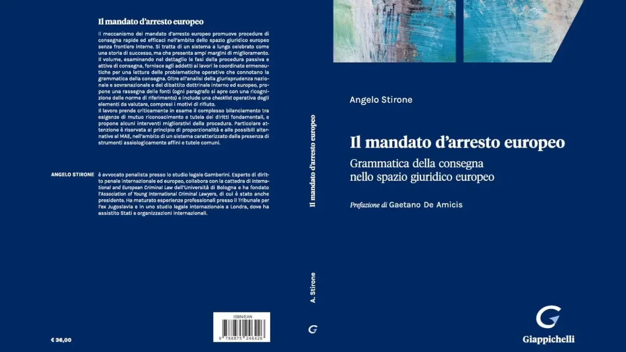 Copertina libro "Il mandato d'arresto europeo" di Angelo Stirone, con testo e immagine astratta.