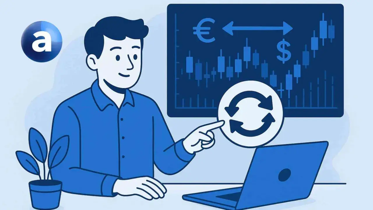 Uomo indica simbolo di scambio con frecce, spiegando cos'è un interest rate swap. Grafico finanziario con euro e dollaro sullo sfondo.