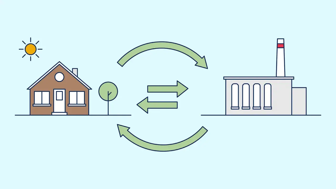 Casa e fabbrica collegate da frecce, che illustrano l'economia: definizione semplice di scambio.