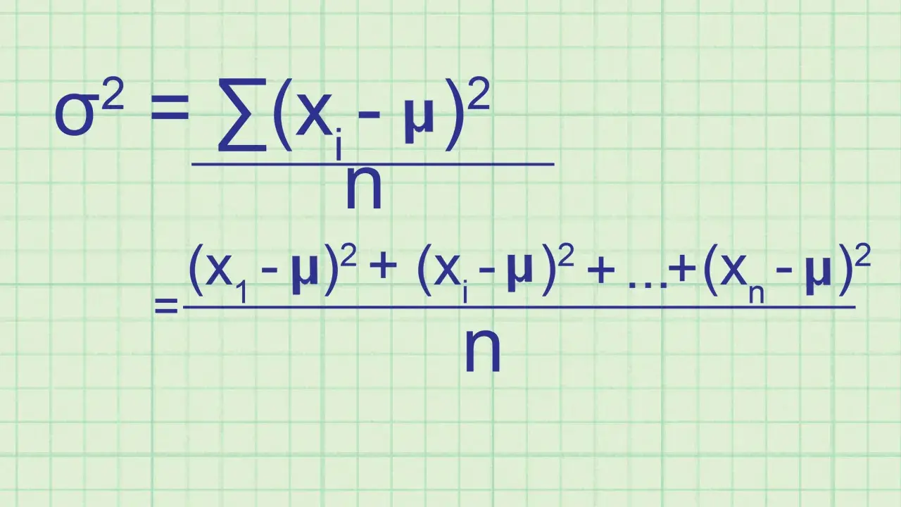 Formula per calcolare la varianza, una misura della devianza statistica, che quantifica la dispersione dei dati rispetto alla media.