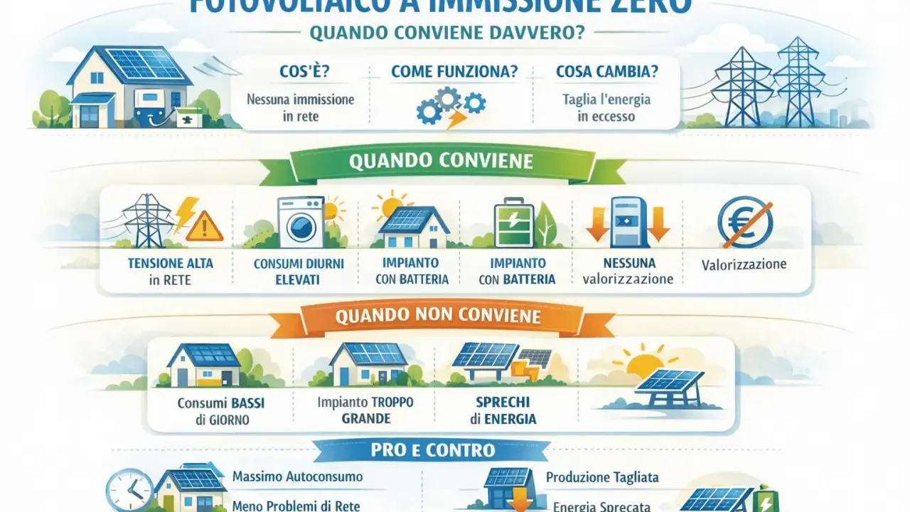 Infografica sul fotovoltaico a emissioni zero: quando conviene, come funziona, costi e benefici. Utile per valutare un forward rate agreement.
