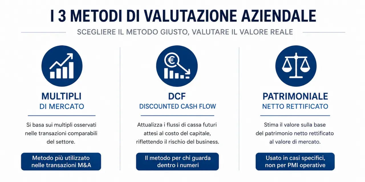 I 3 metodi di valutazione aziendale: Multipli di Mercato, DCF e Patrimoniale Netto Rettificato. Utili per il conto capitale.