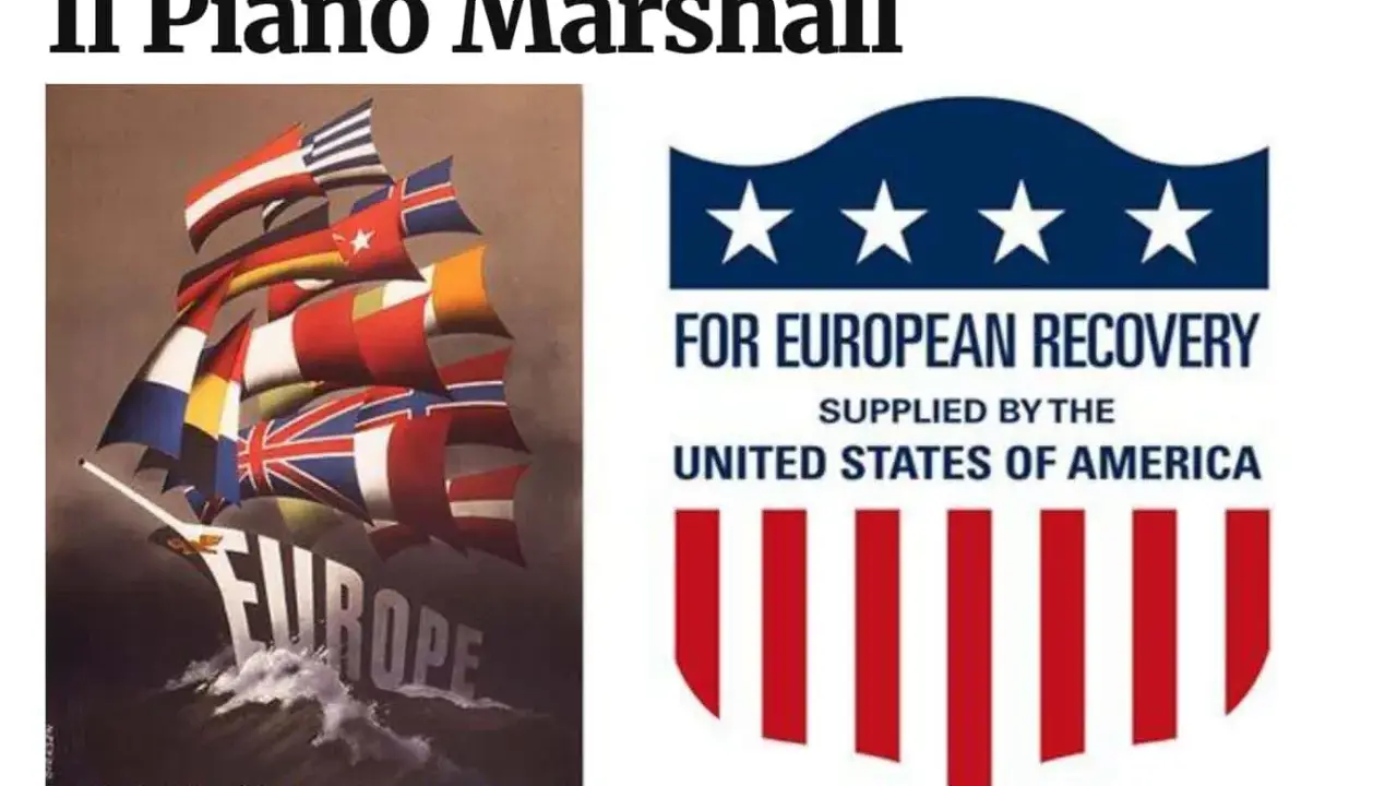 Il Piano Marshall: un veliero con bandiere europee simboleggia la ripresa. Le conseguenze positive del piano sono evidenti.