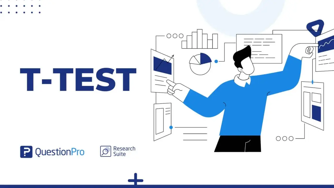 Illustrazione di un uomo che analizza dati e grafici, con il testo "T-TEST" in evidenza. La formula del t-test è implicita nell'analisi.