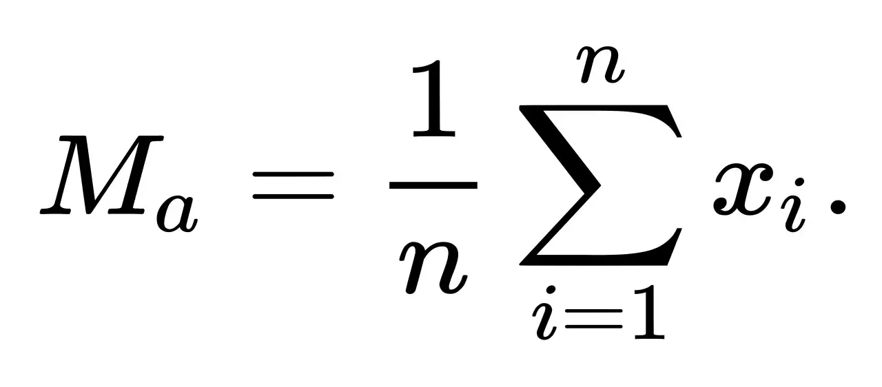 La formula per calcolare la media aritmetica: Ma = 1/n * sommatoria di xi da i=1 a n.