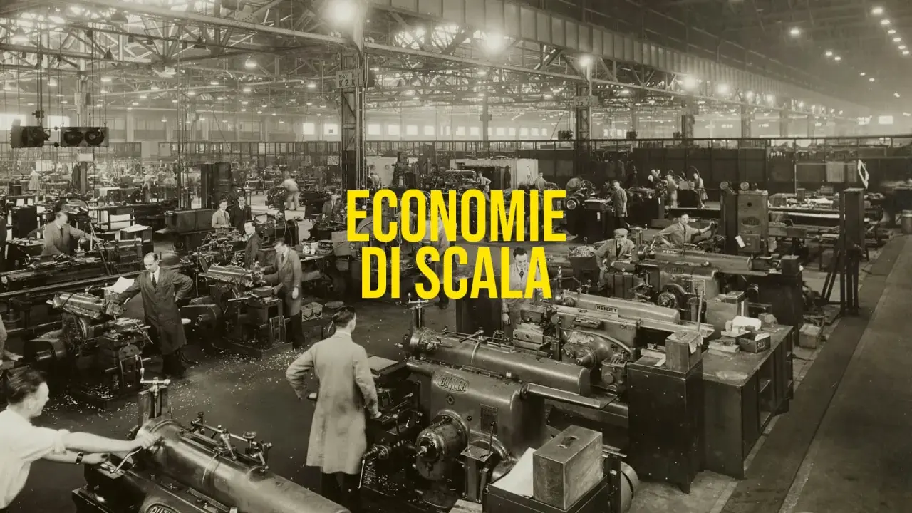 Operai in una grande fabbrica lavorano a macchine utensili, un esempio di economie di scala nella produzione industriale.