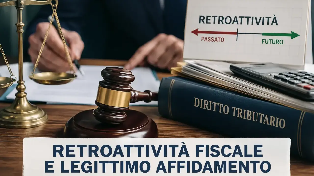 Bilancia della giustizia, martelletto, libro di Diritto Tributario e un calendario che illustra il **retroattiva significato** di passato e futuro.