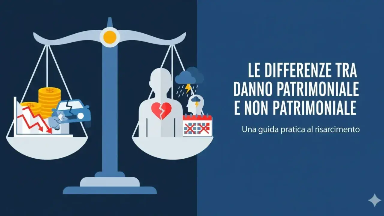 Bilancia che pesa danni materiali (auto, soldi) e morali (cuore spezzato, stress). Per non ledere nessuno, è importante capire le differenze.