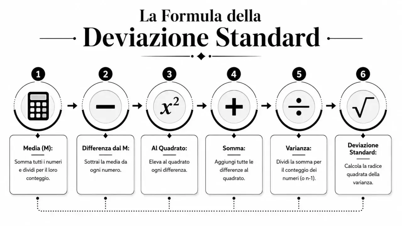 Schema illustra i 6 passaggi per calcolare la deviazione standard: media, differenze, al quadrato, somma, varianza e radice quadrata.