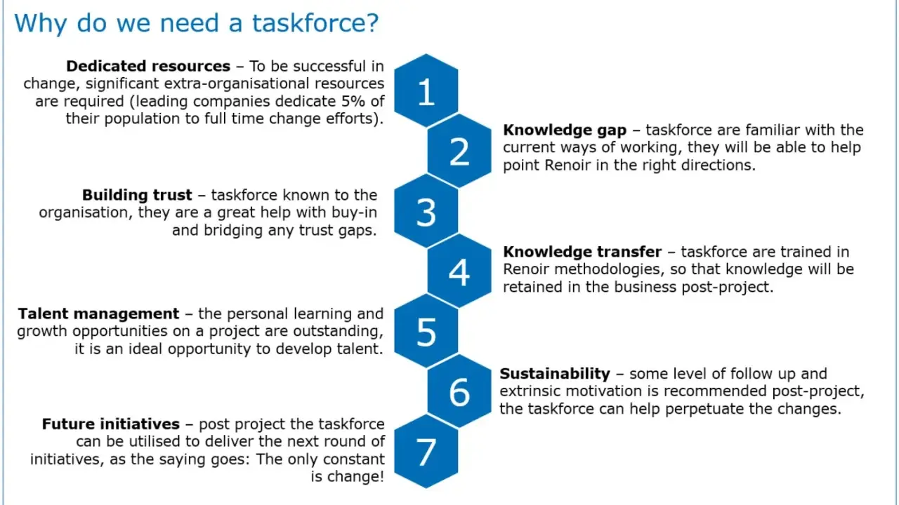 Il **taskforce significato** è spiegato in 7 punti: risorse dedicate, fiducia, talento, iniziative future, gap di conoscenza, trasferimento di conoscenza e sostenibilità.