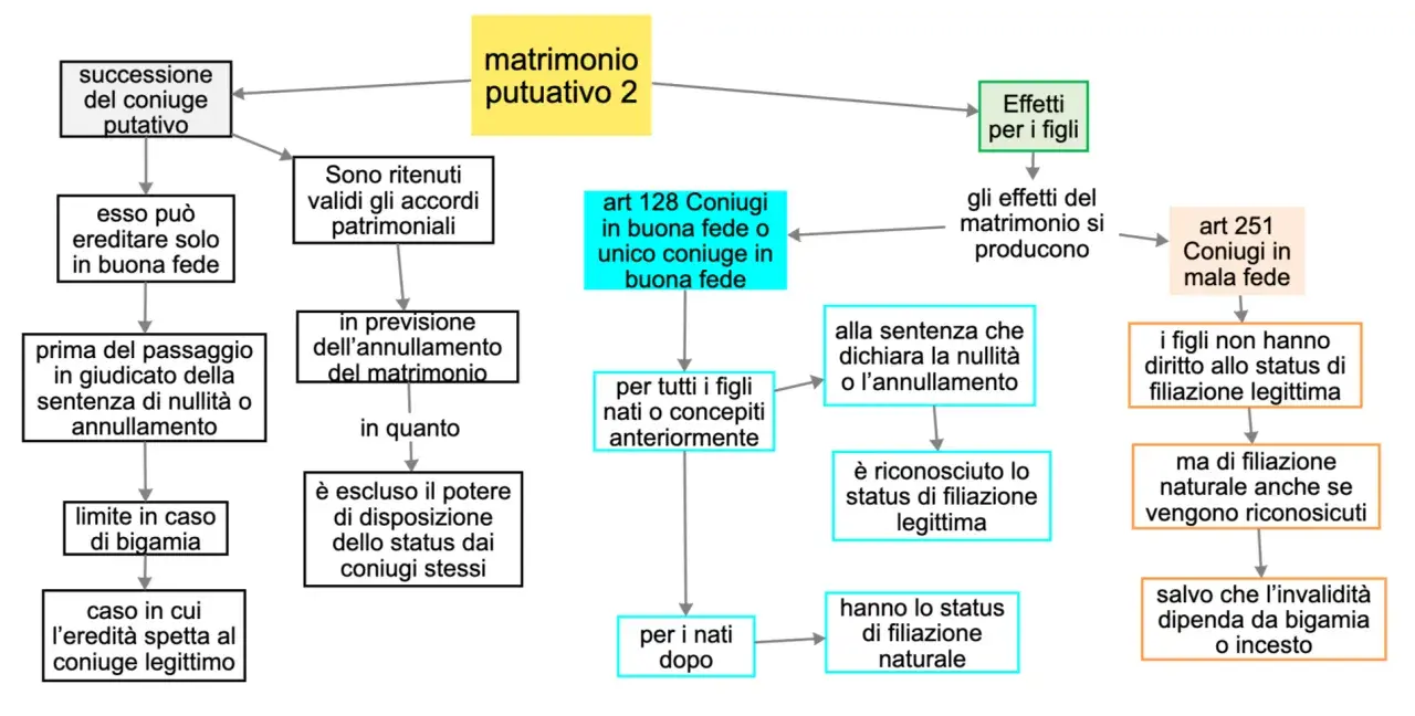 Diagramma sul matrimonio putativo: il suo significato e gli effetti sui figli, con distinzioni per buona fede e mala fede.