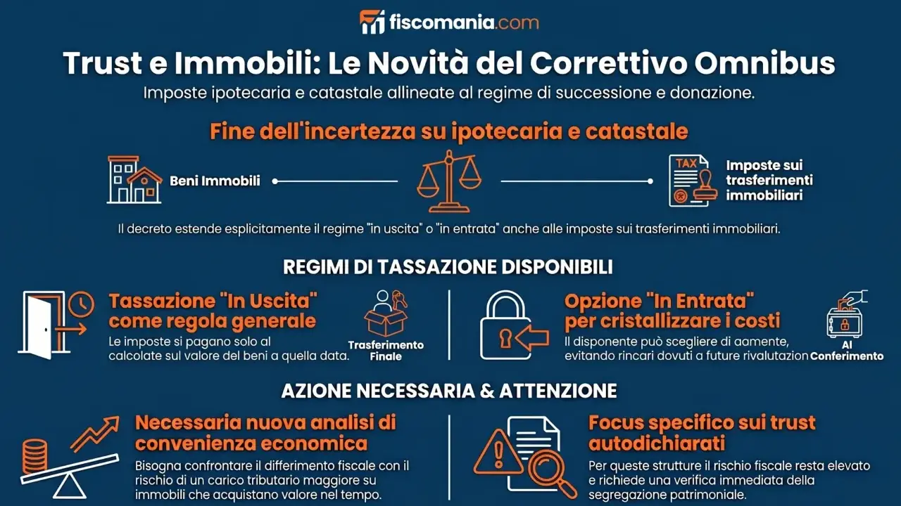 Novità su trust e immobili: imposte ipotecarie e catastali allineate. Analisi economica necessaria per valutare convenienza e rischio fiscale.