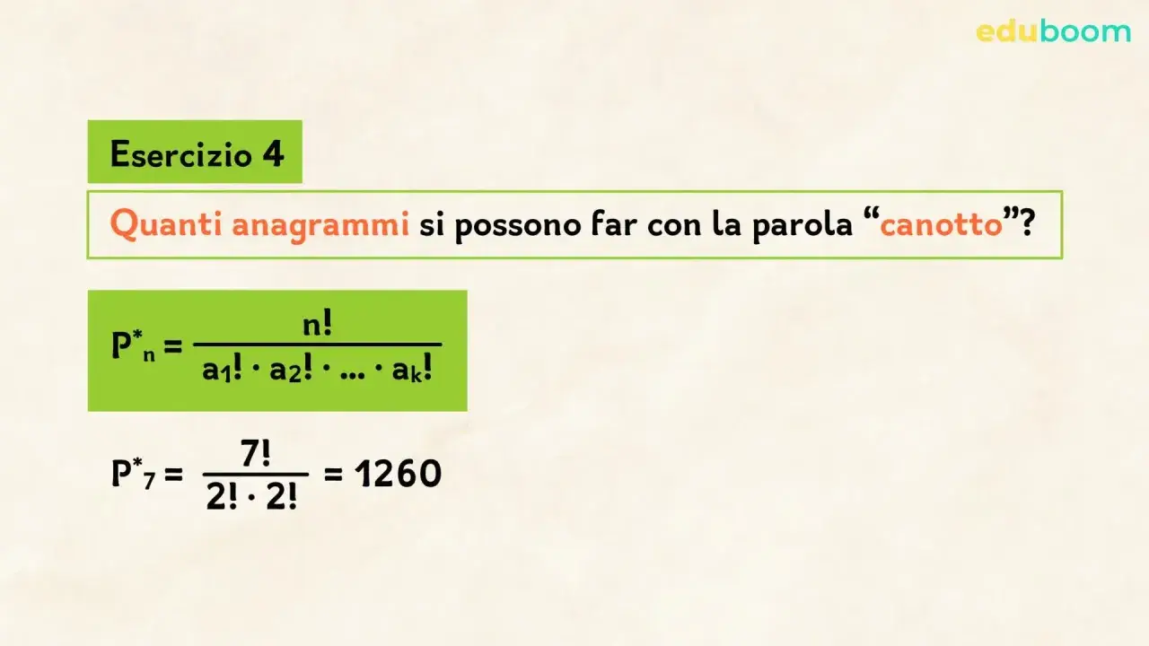 Esercizio 4: calcolo delle disposizioni senza ripetizione per la parola "canotto". Formula e soluzione mostrate.