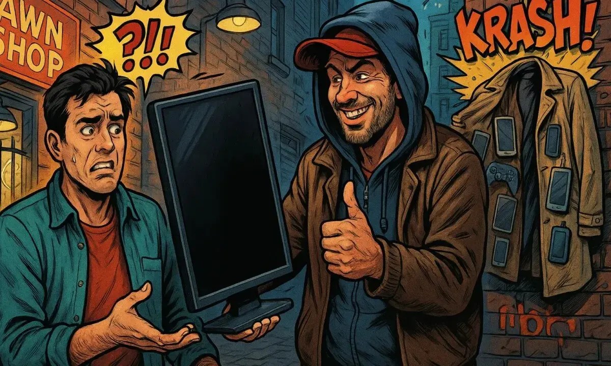 Un uomo con espressione preoccupata riceve un monitor da un venditore sorridente. Un incauto acquisto, con un cappotto pieno di telefoni appeso sullo sfondo.