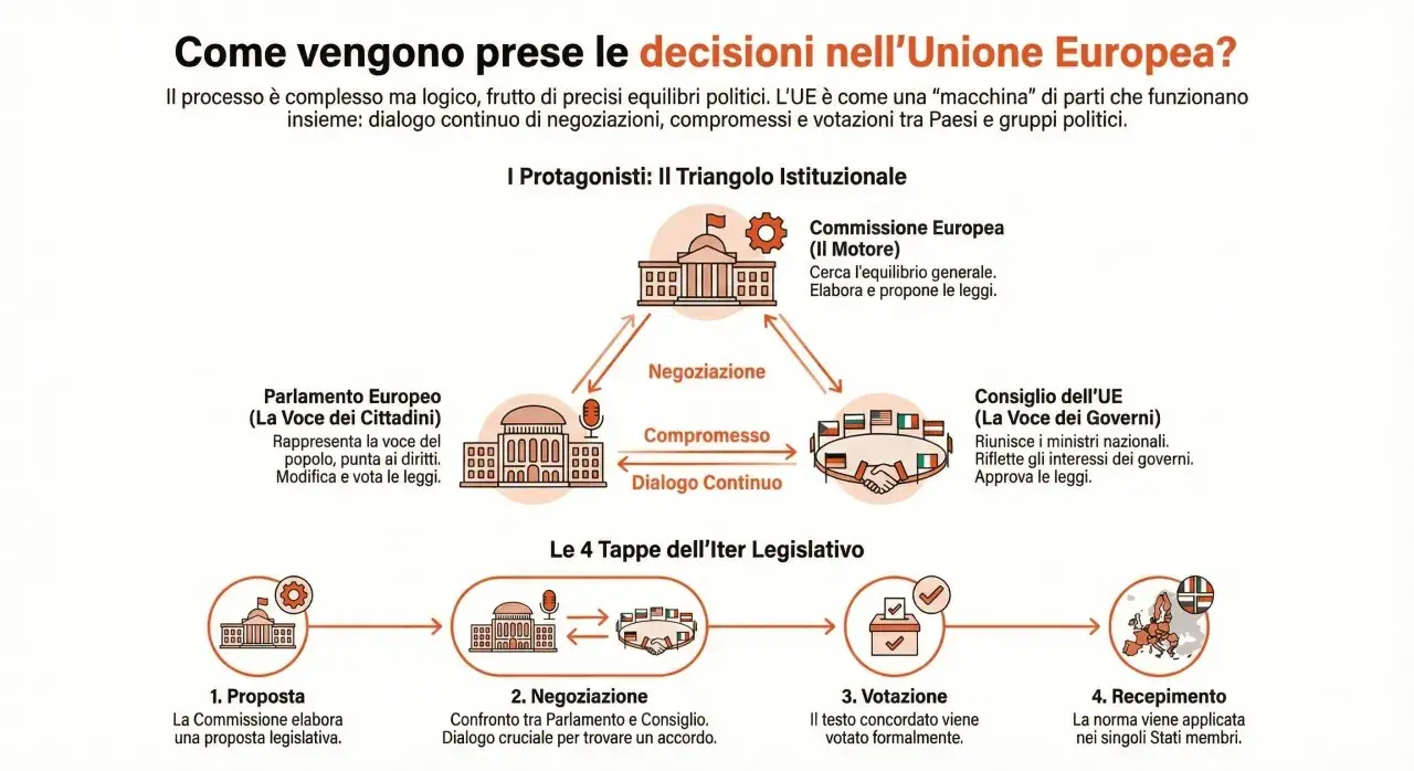 Schema del processo decisionale UE: Commissione, Parlamento e Consiglio negoziano per trovare un accordo. Segue votazione e recepimento.