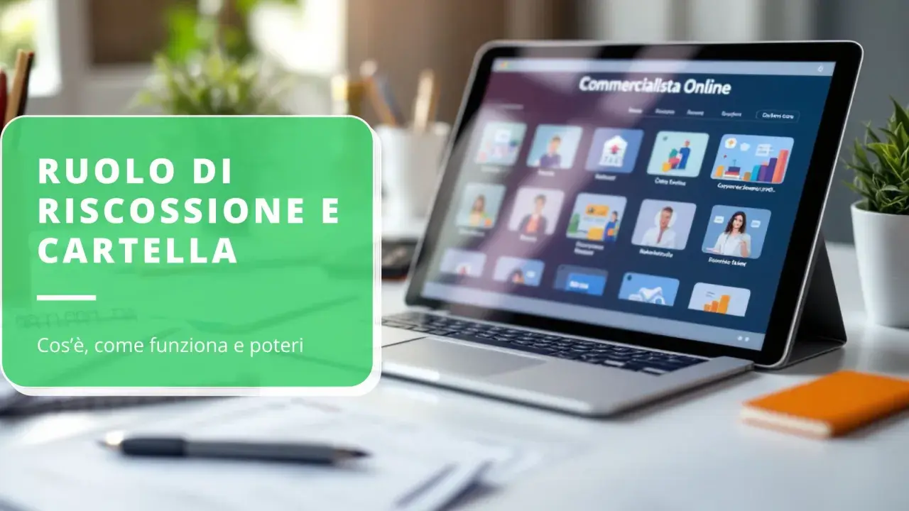 Schermo di un laptop con interfaccia "Commercialista Online" e testo sovrapposto "Ruolo di riscossione e cartella: cos'è, come funziona e poteri".