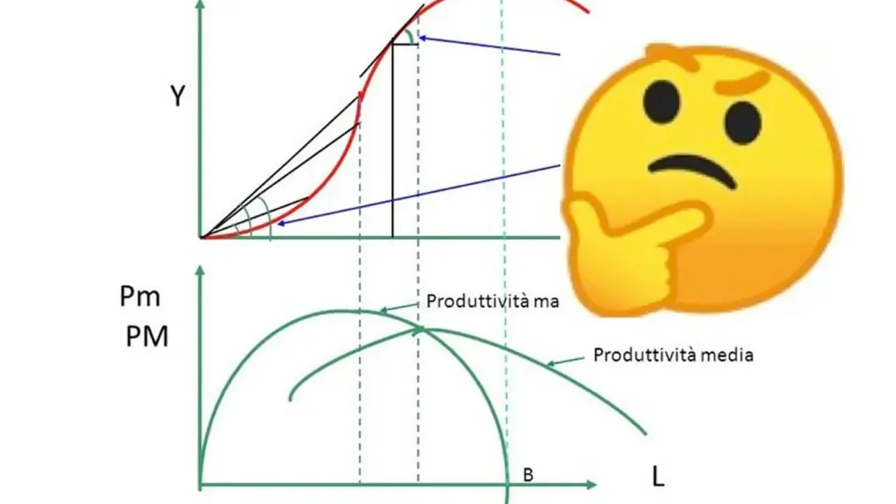 Grafici illustrano la legge dei rendimenti decrescenti, con produttività marginale e media in relazione. Un emoji pensieroso riflette sulla complessità.
