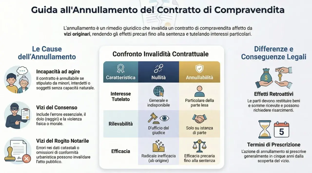 Guida all'annullamento del contratto di compravendita: cause, confronto tra nullità e annullabilità, e conseguenze legali. L'oggetto del contratto è centrale.