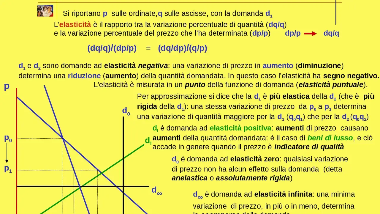 Grafico mostra curve di domanda con diverse pendenze, illustrando l'elasticità della domanda. Una curva più piatta indica maggiore elasticità.