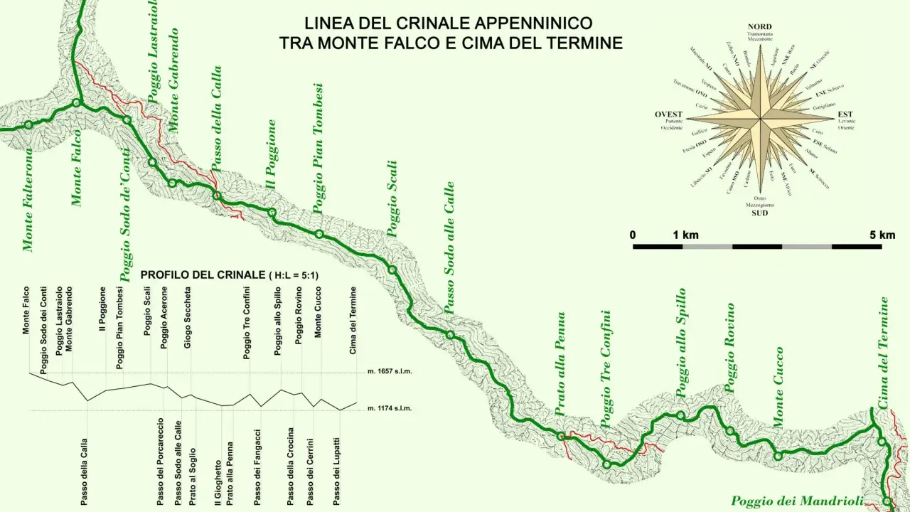 Linea del crinale appenninico tra Monte Falco e Cima del Termine, con profilo altimetrico e rosa dei venti. Un percorso escursionistico, un vero dante causa per gli amanti della montagna.