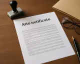 Un timbro, occhiali e una penna giacciono accanto a un documento intitolato "Atto notificato", pronto per essere firmato.