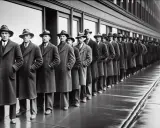 Uomini in fila, con cappelli e cappotti, in attesa di un nuovo accordo. Il loro sguardo è serio, riflette la speranza di un futuro migliore.