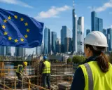Costruzione di un futuro europeo: operai al lavoro sotto la bandiera UE, mentre la disoccupazione strutturale sfida la ripresa.