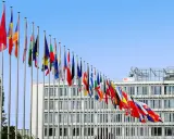 Molte bandiere di stati europei sventolano davanti a un edificio moderno, simbolo di cooperazione e politica internazionale.