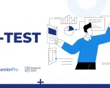Illustrazione di un uomo che analizza dati e grafici, con il testo "T-TEST" in evidenza. La formula del t-test è implicita nell'analisi.