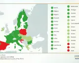 Mappa dell'Europa che mostra l'adesione all'UPCA, un sistema di brevetti unificato, con stati in verde (in vigore), verde chiaro (firmatari) e rosso (non parte). Il **European Patent Office** è centrale in questo sistema.