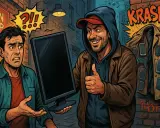 Un uomo con espressione preoccupata riceve un monitor da un venditore sorridente. Un incauto acquisto, con un cappotto pieno di telefoni appeso sullo sfondo.