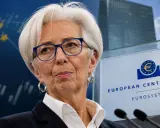 Christine Lagarde, presidente della banca europea, con il logo della BCE sullo sfondo.