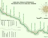 Linea del crinale appenninico tra Monte Falco e Cima del Termine, con profilo altimetrico e rosa dei venti. Un percorso escursionistico, un vero dante causa per gli amanti della montagna.