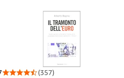 Copertina del libro "Il tramonto dell'euro" di Alberto Bagnai, con un primo piano di una banconota da 5 euro.