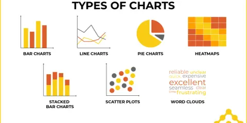 Diversi tipi di grafici: a barre, a linee, a torta, a dispersione, a blocchi e word clouds.