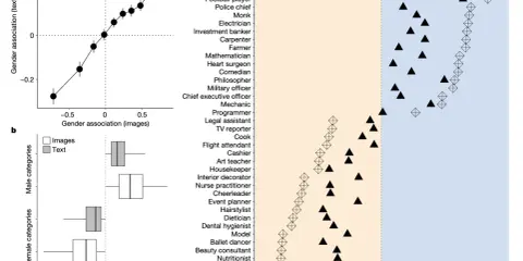 Grafico mostra correlazione di Spearman tra associazione di genere da testo e immagini. Box plot per categorie maschili e femminili.