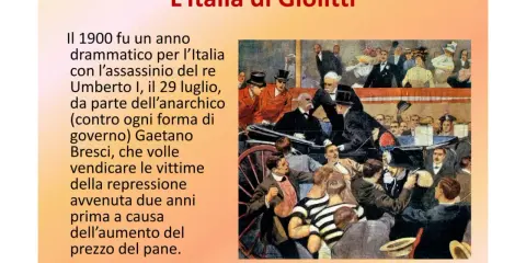 L'Italia di Giolitti: un'illustrazione storica mostra un evento drammatico del 1900, l'assassinio del re Umberto I, che segnò un periodo di tensioni sociali.