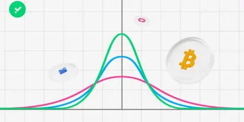 Grafico con curve di distribuzione e simboli Bitcoin. Illustra come si calcola la deviazione standard per analizzare la volatilità.